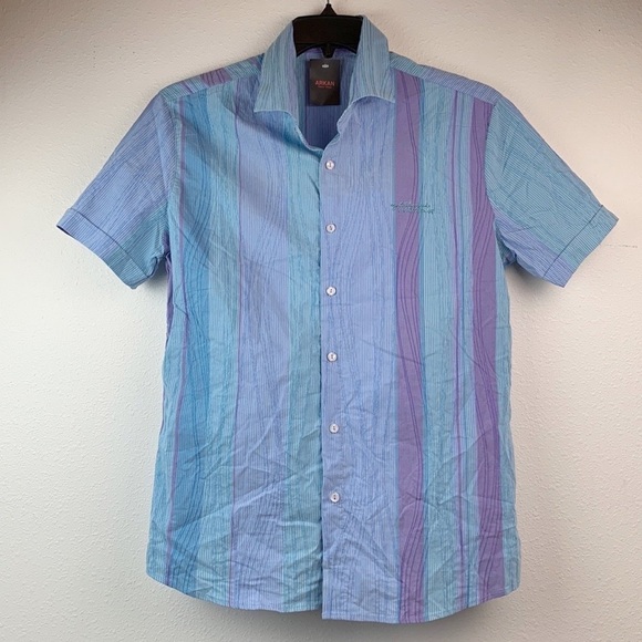 NWT Guanto stretchy sporty cotton blend short sleeve shirt lavender blue stripe - Picture 1 of 9